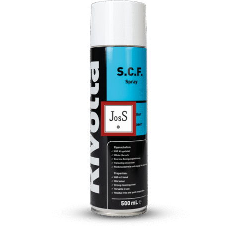RIVOLTA S.C.F. Spray is a NSF-A1 registered industrial aerosol degreaser designed for residue-free cleaning of machine parts and surfaces in various industries, including food processing.